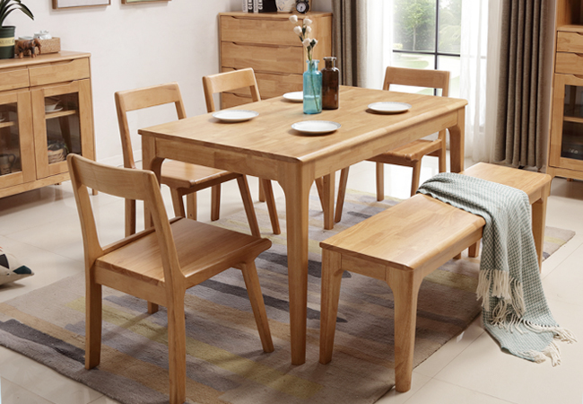MZDR-R310餐台（1.2米）+R316餐椅（4张）+条凳（1.2米）北欧风格 橡胶木 实木